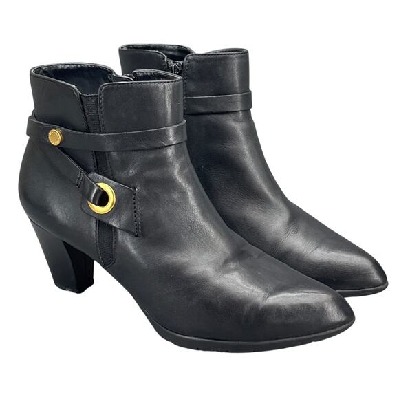 Anne Klein Chelsey Black Leather Gold Ring Point Toe Heeled Ankle Boot Women 9.5 - Picture 1 of 7